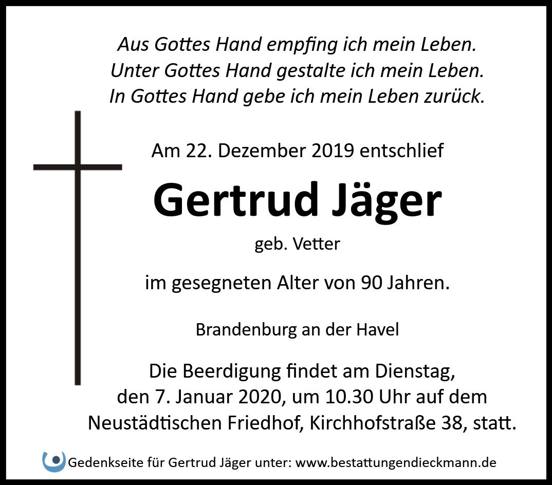 Traueranzeige von Getrud Jäger