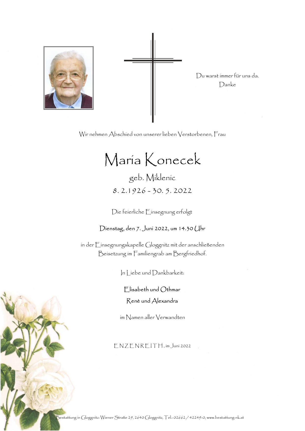 Traueranzeige von Maria Konecek