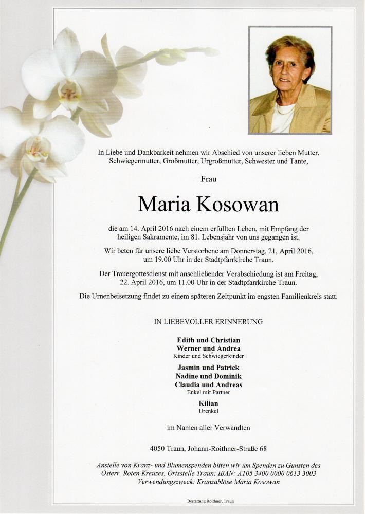 Traueranzeige von Maria Kosowan