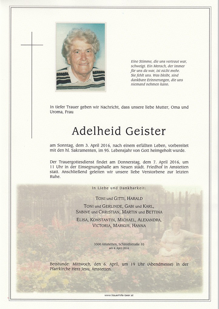 Traueranzeige von Adelheid Geister