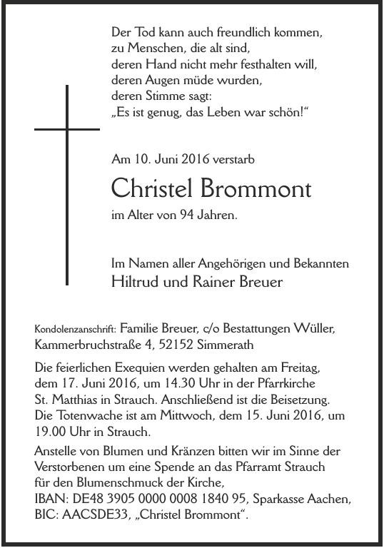 Traueranzeige von Christel Brommont
