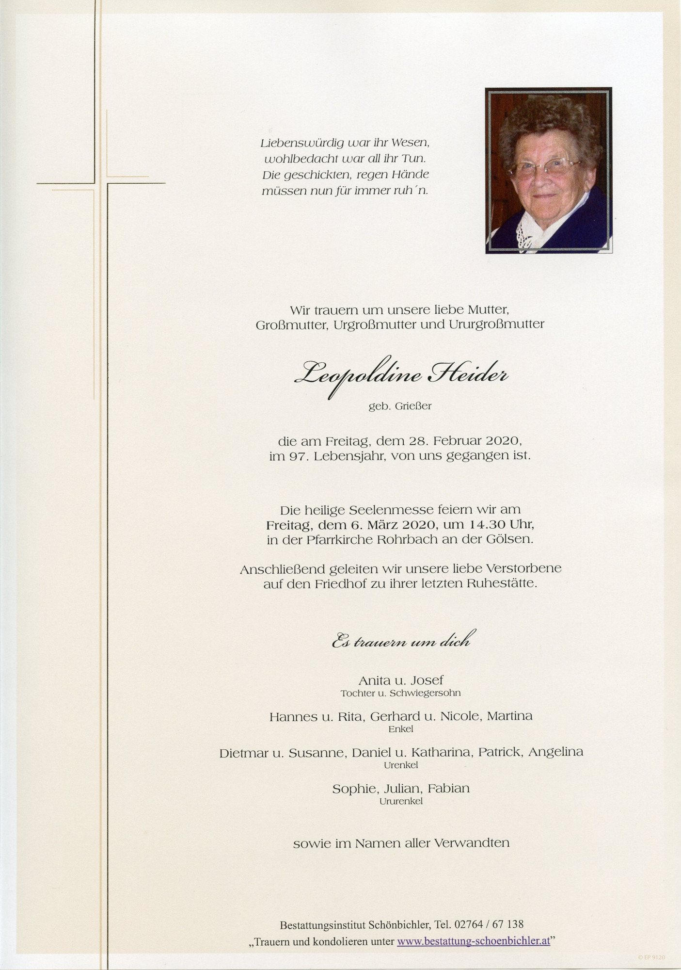 Traueranzeige von Leopoldine Heider