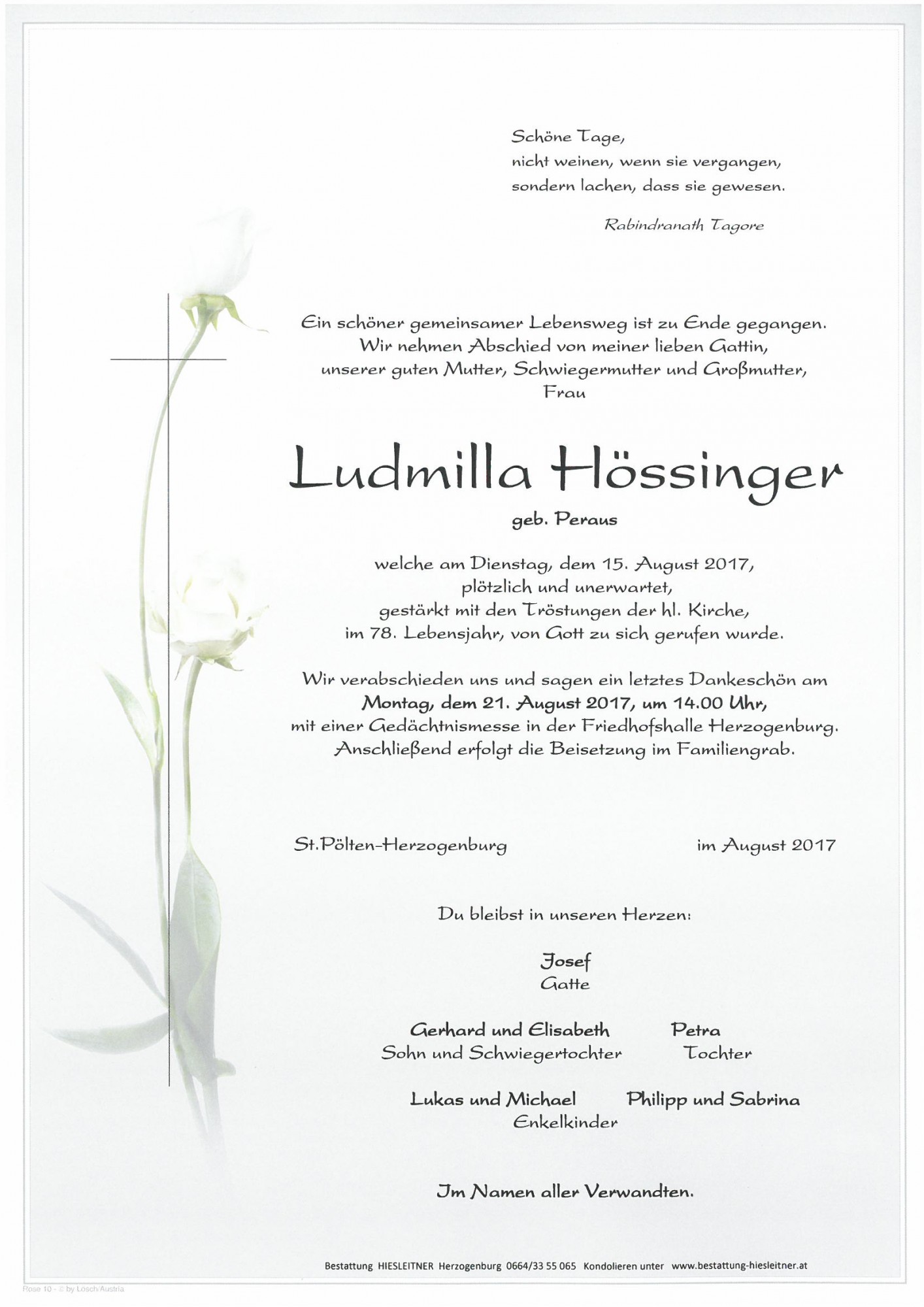 Traueranzeige von Ludmilla Hössinger