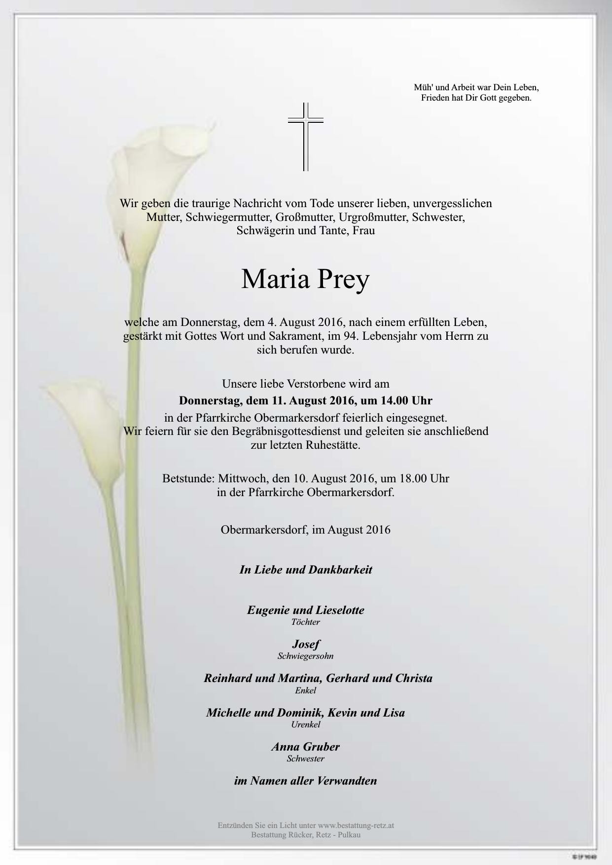 Traueranzeige von Maria Prey