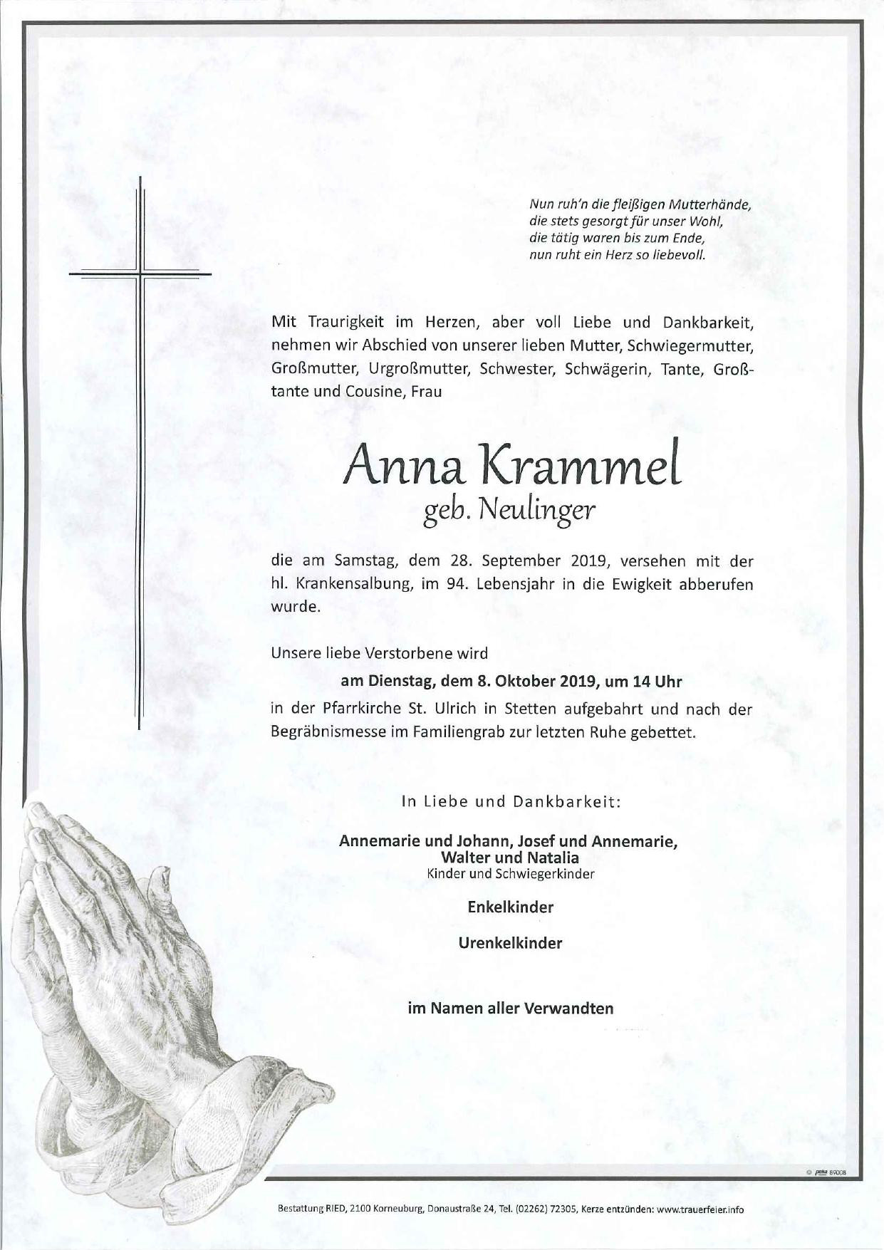 Traueranzeige von Anna Krammel