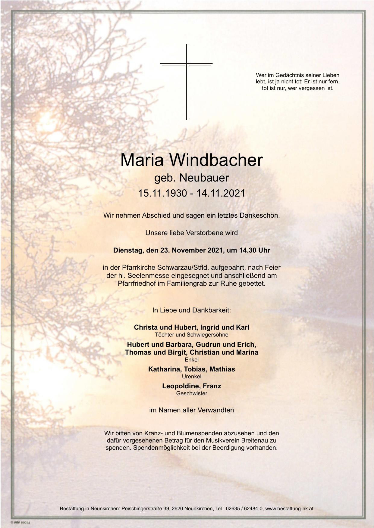 Traueranzeige von Maria Windbacher