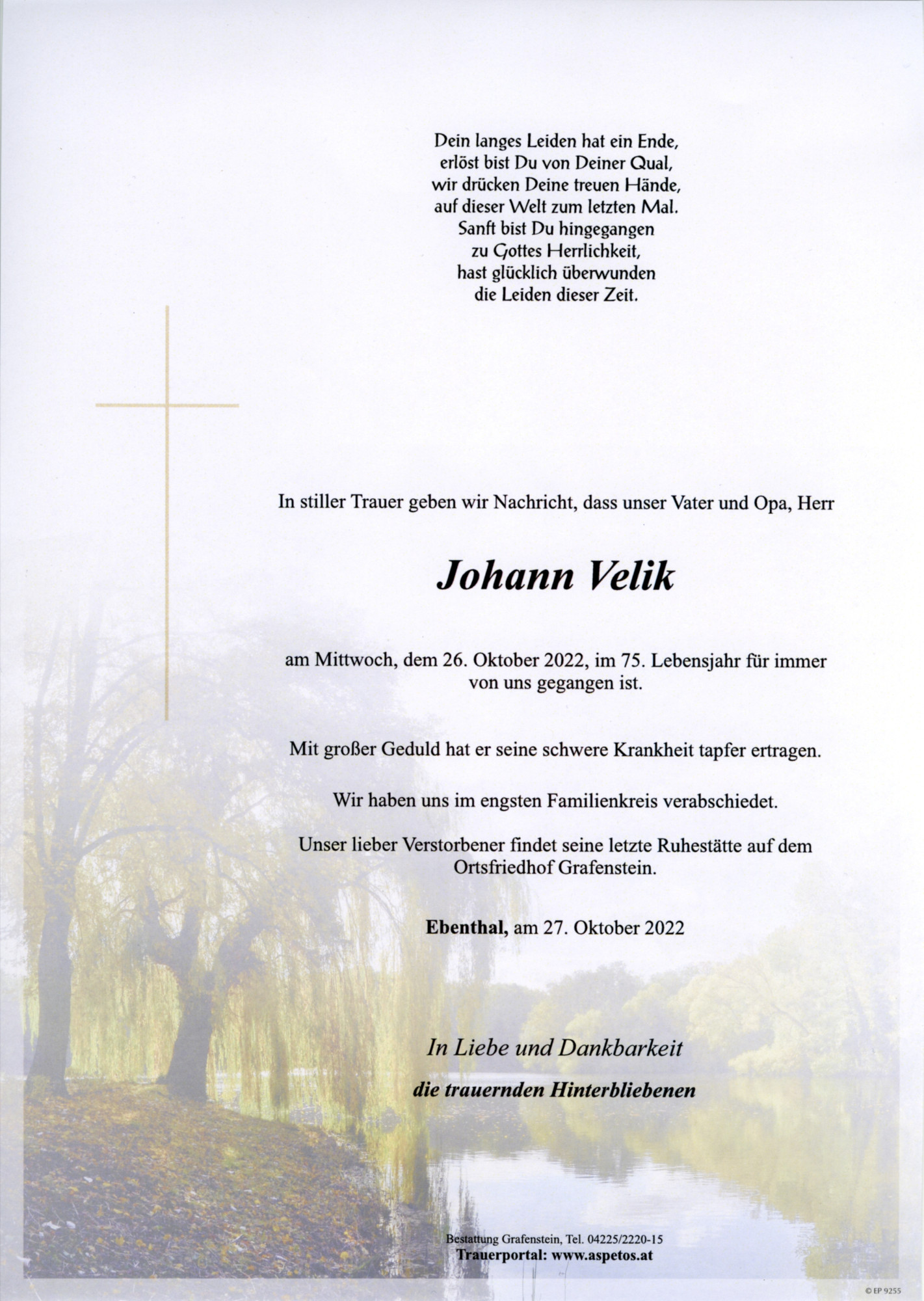 Traueranzeige von Herr Johann Velik