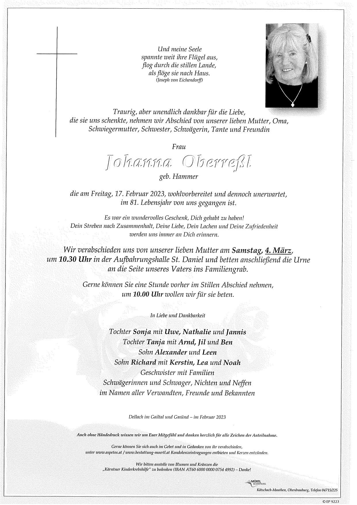 Traueranzeige von Johanna Oberressl