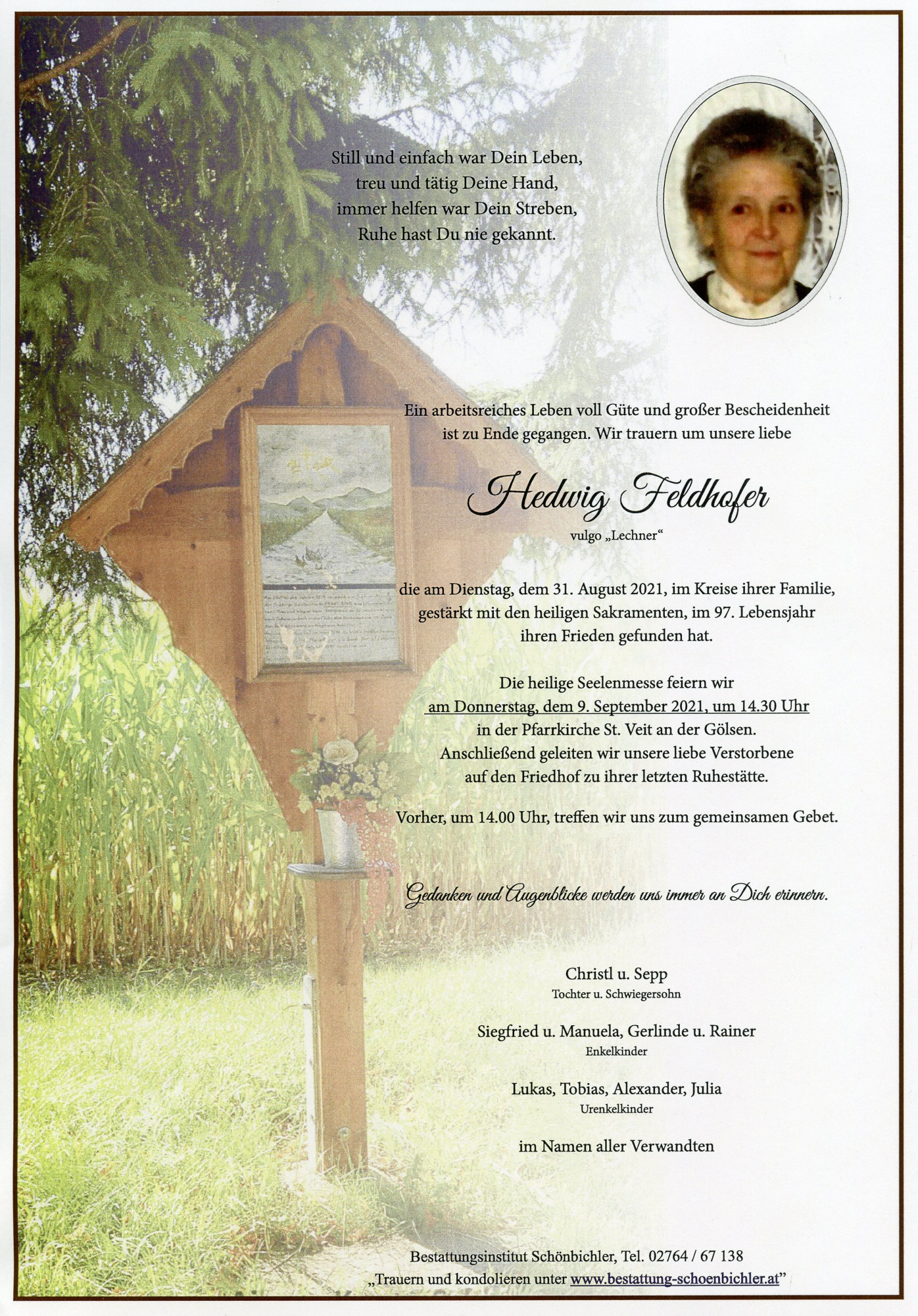 Traueranzeige von Hedwig Feldhofer