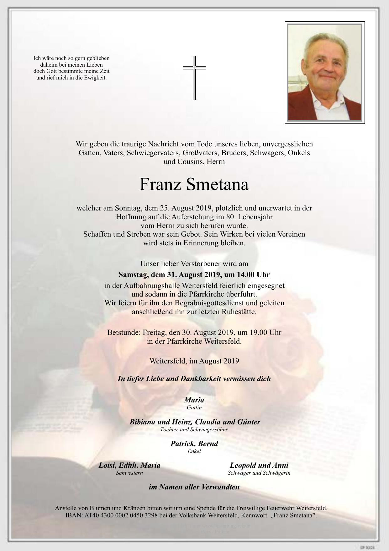Traueranzeige von Franz Smetana