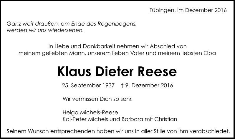 Traueranzeige von Klaus Dieter Reese