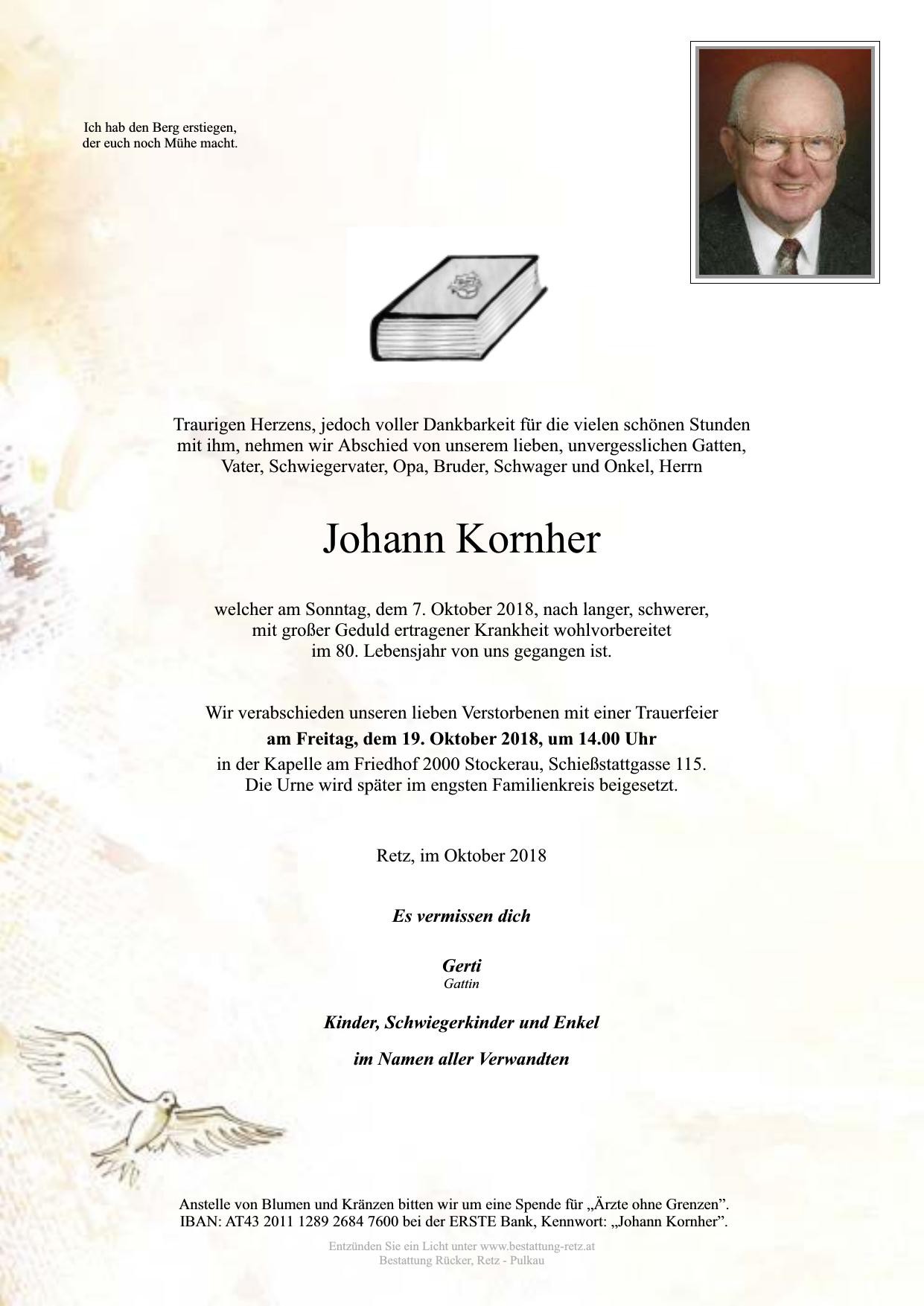Traueranzeige von Johann Kornher