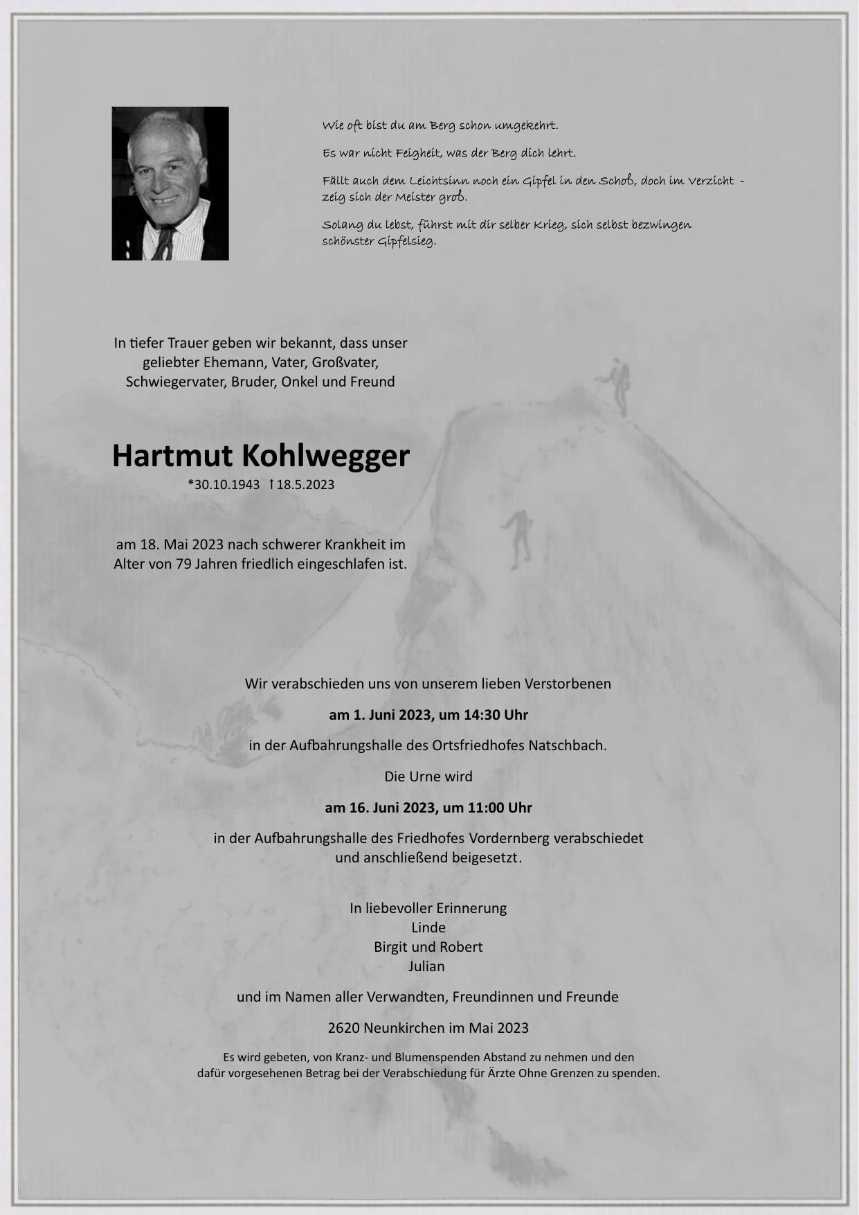 Traueranzeige von Hartmut Kohlwegger