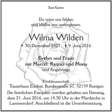 Traueranzeige von Wilma Wilden