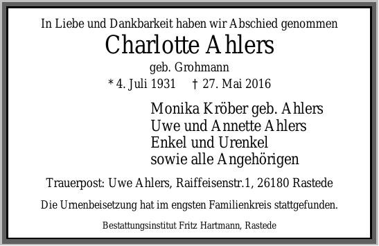 Traueranzeige von Charlotte Ahlers