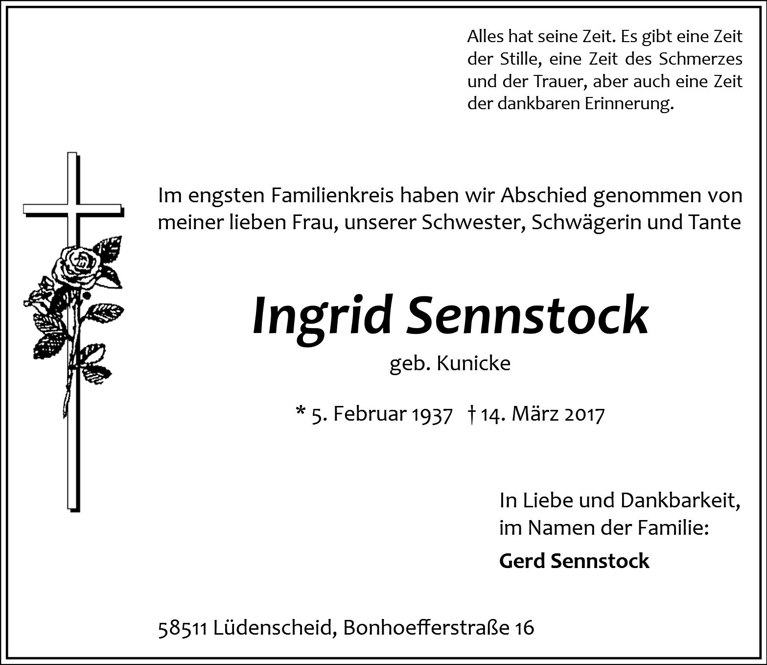 Traueranzeige von Ingrid Sennstock