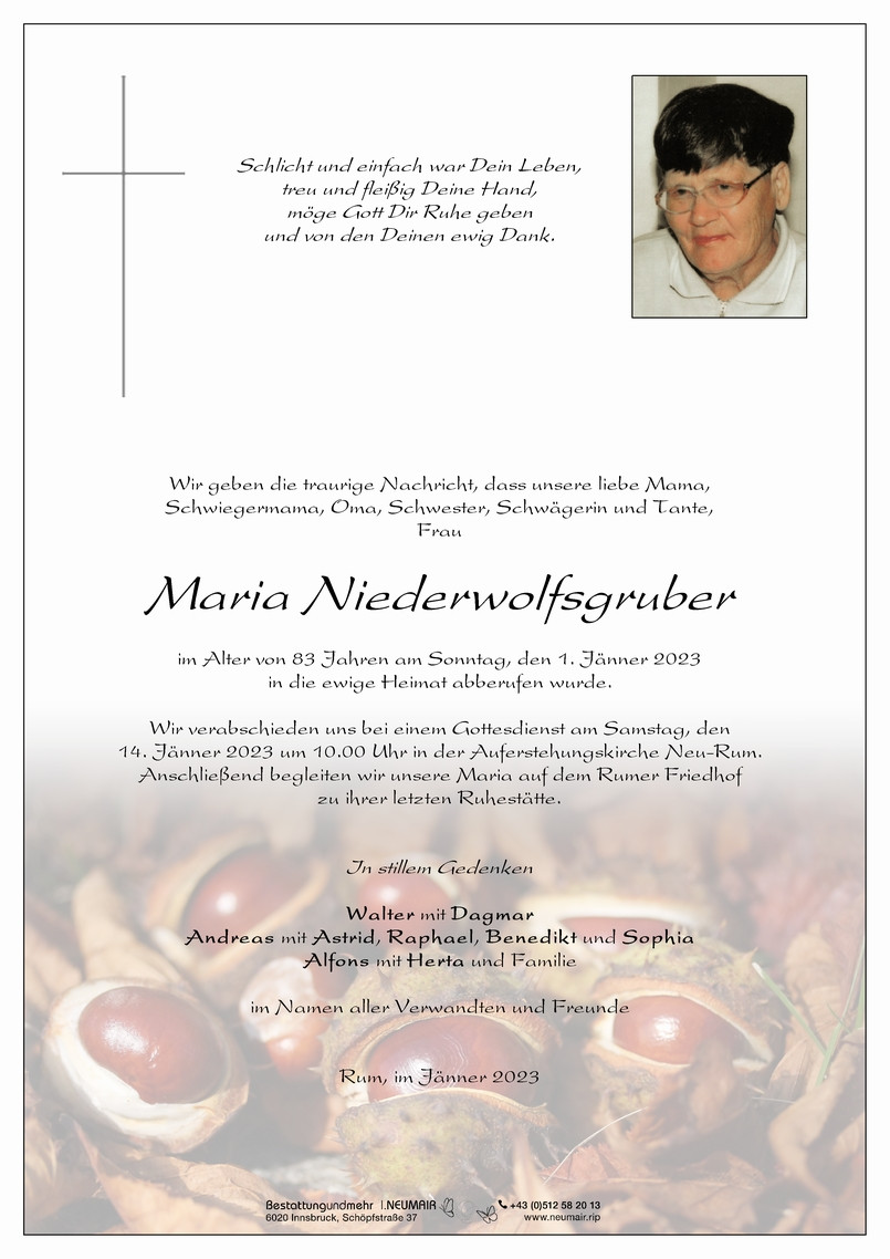 Traueranzeige von Maria Niederwolfsgruber