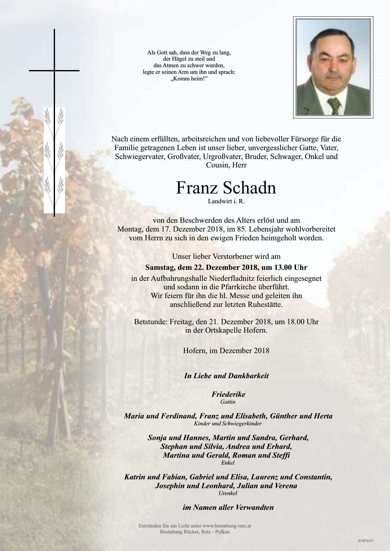 Traueranzeige von Franz Schadn