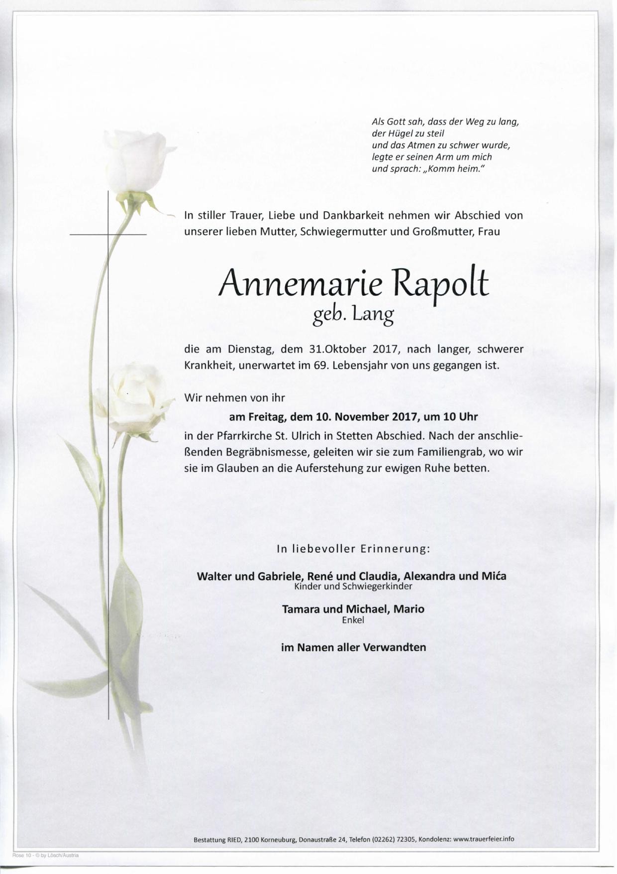 Traueranzeige von Annemarie Rapolt