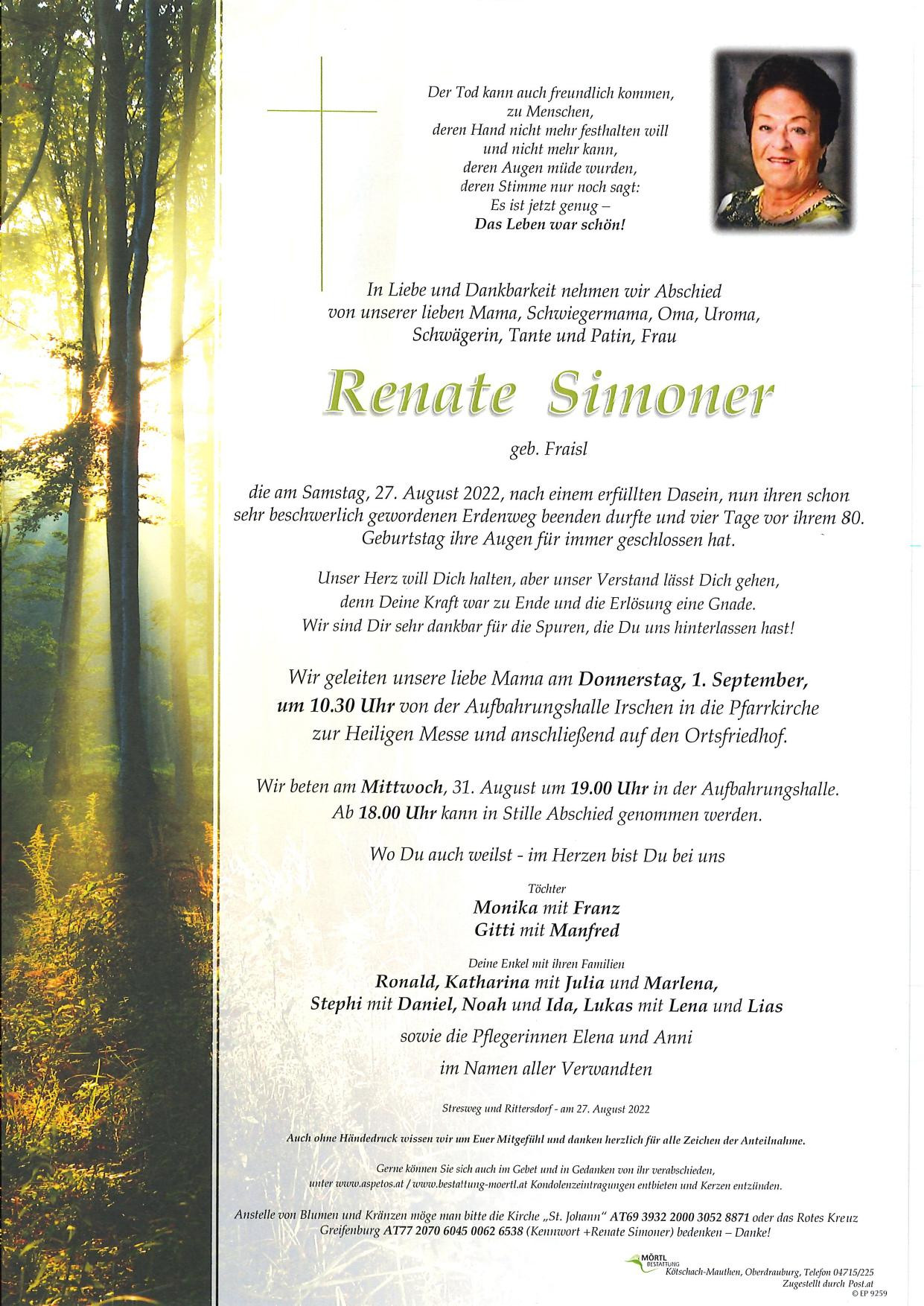 Traueranzeige von Renate Simoner