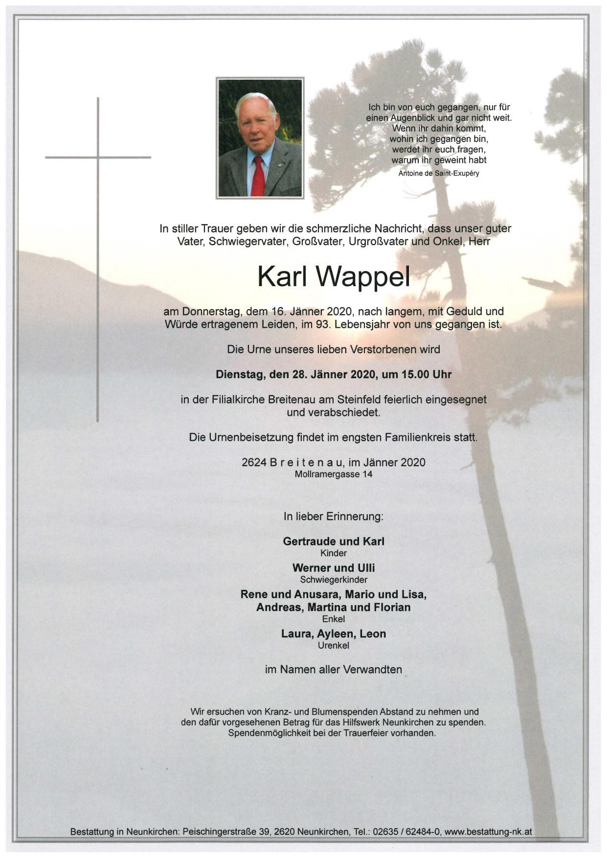 Traueranzeige von Karl Wappel