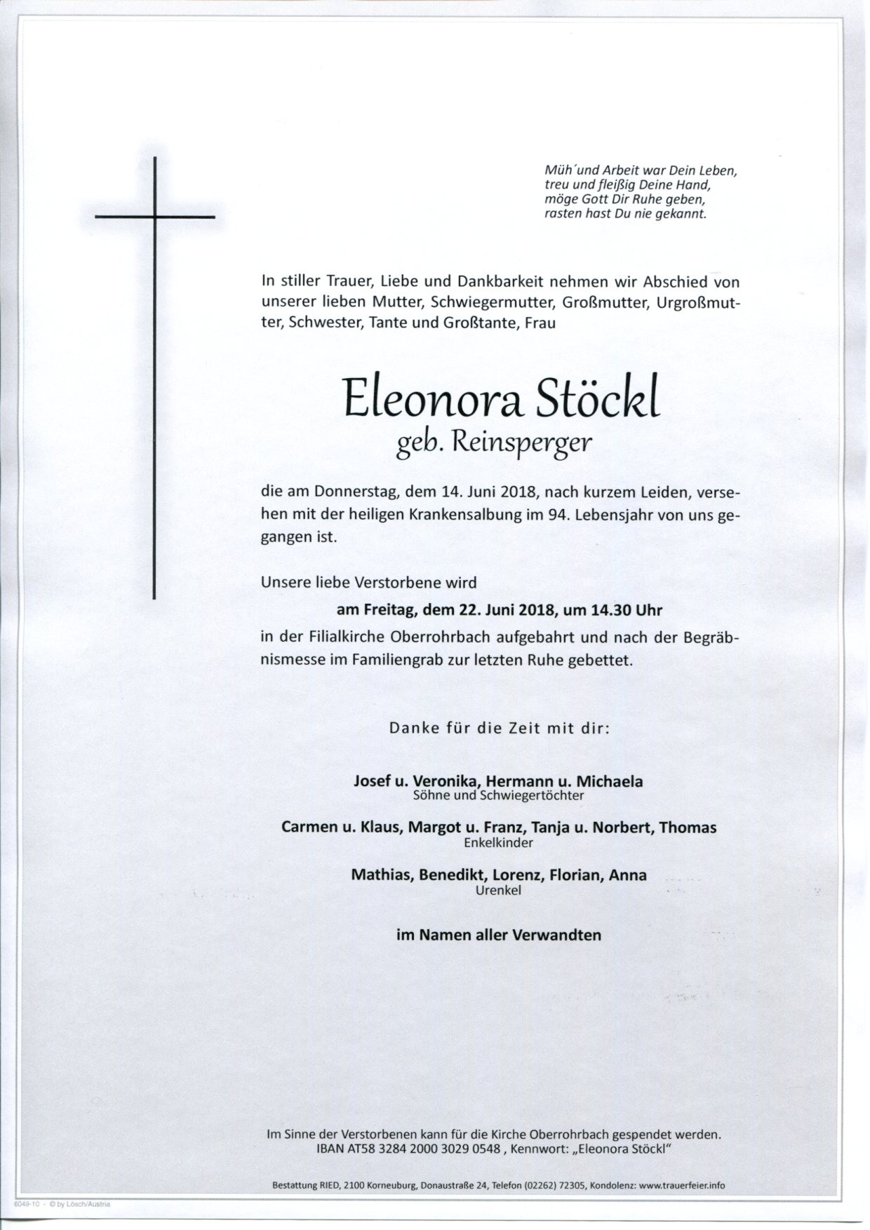 Traueranzeige von Eleonora Stöckl