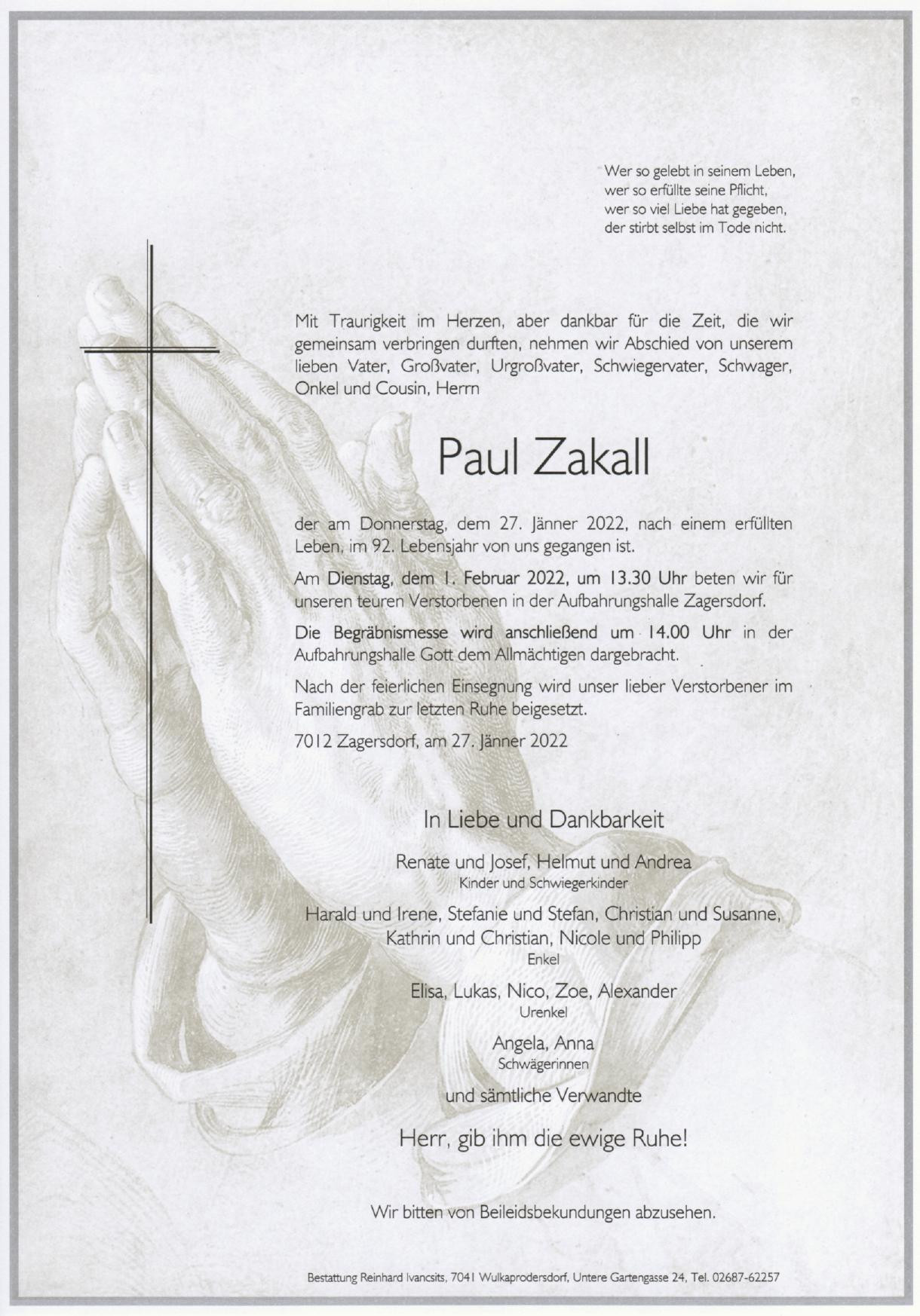 Traueranzeige von Paul Zakall
