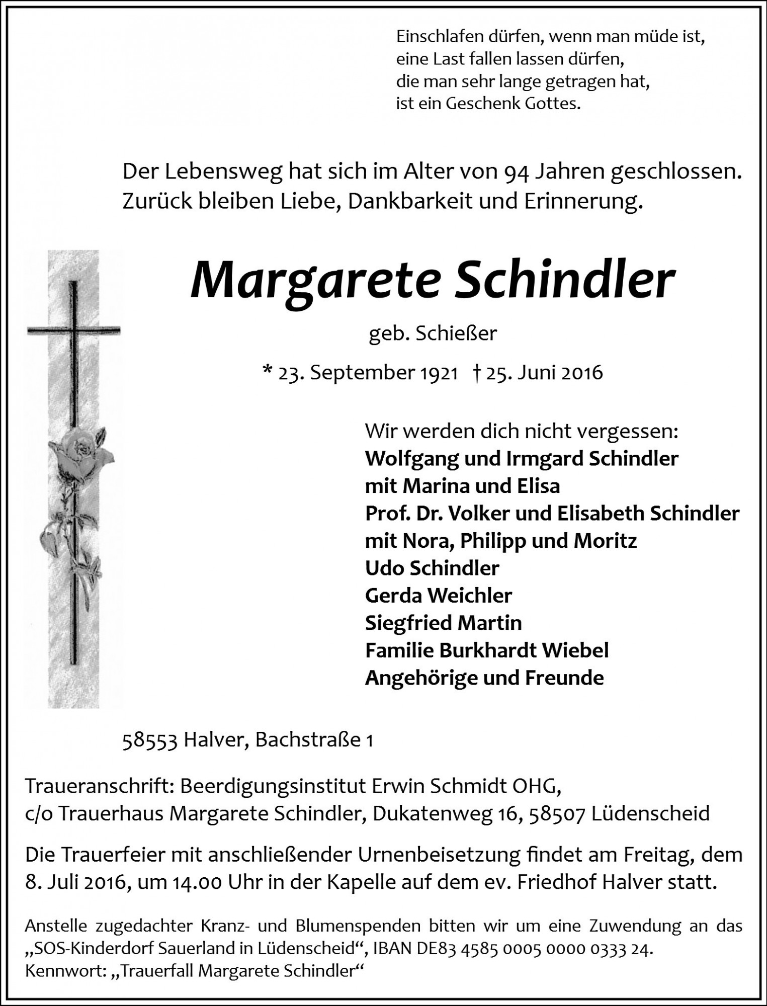Traueranzeige von Margarete Schindler