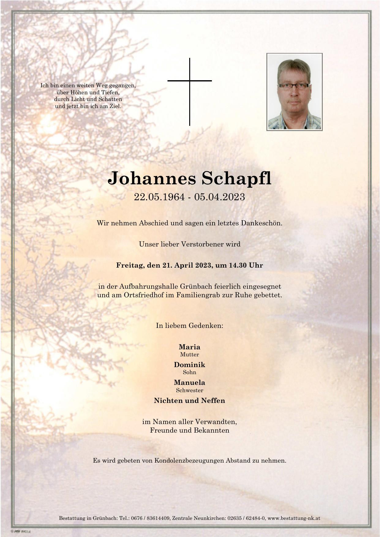 Traueranzeige von Johannes Schapfl