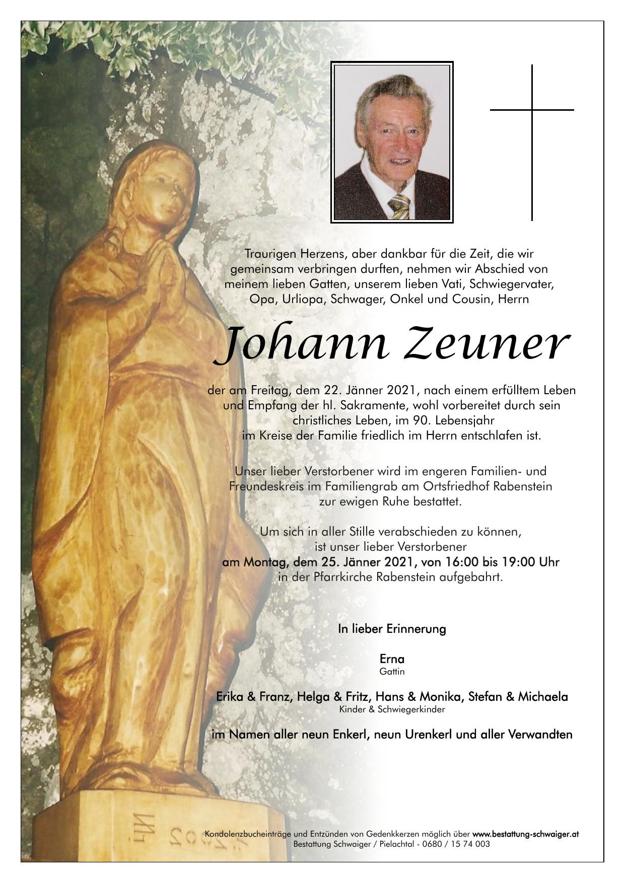 Traueranzeige von Johann Zeuner