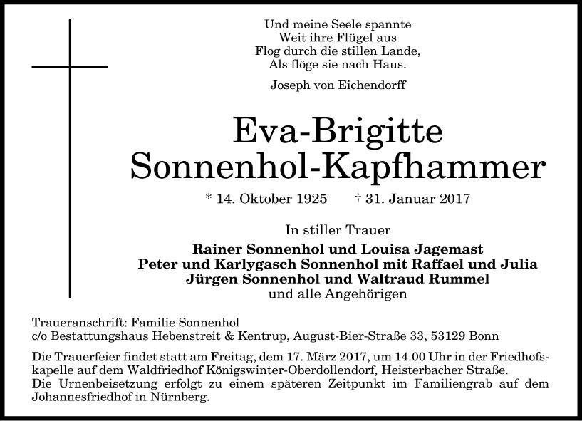 Traueranzeige von Eva-Brigitte Sonnenhol-Kapfhammer