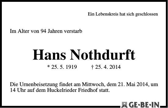 Traueranzeige von Hans Nothdurft