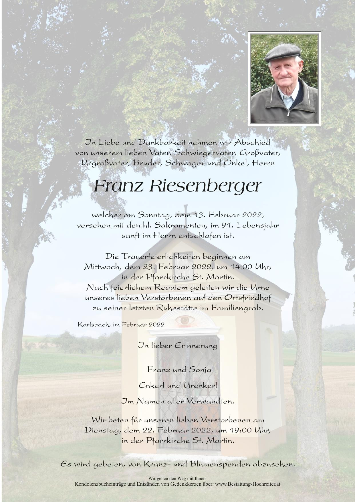 Traueranzeige von Franz Riesenberger