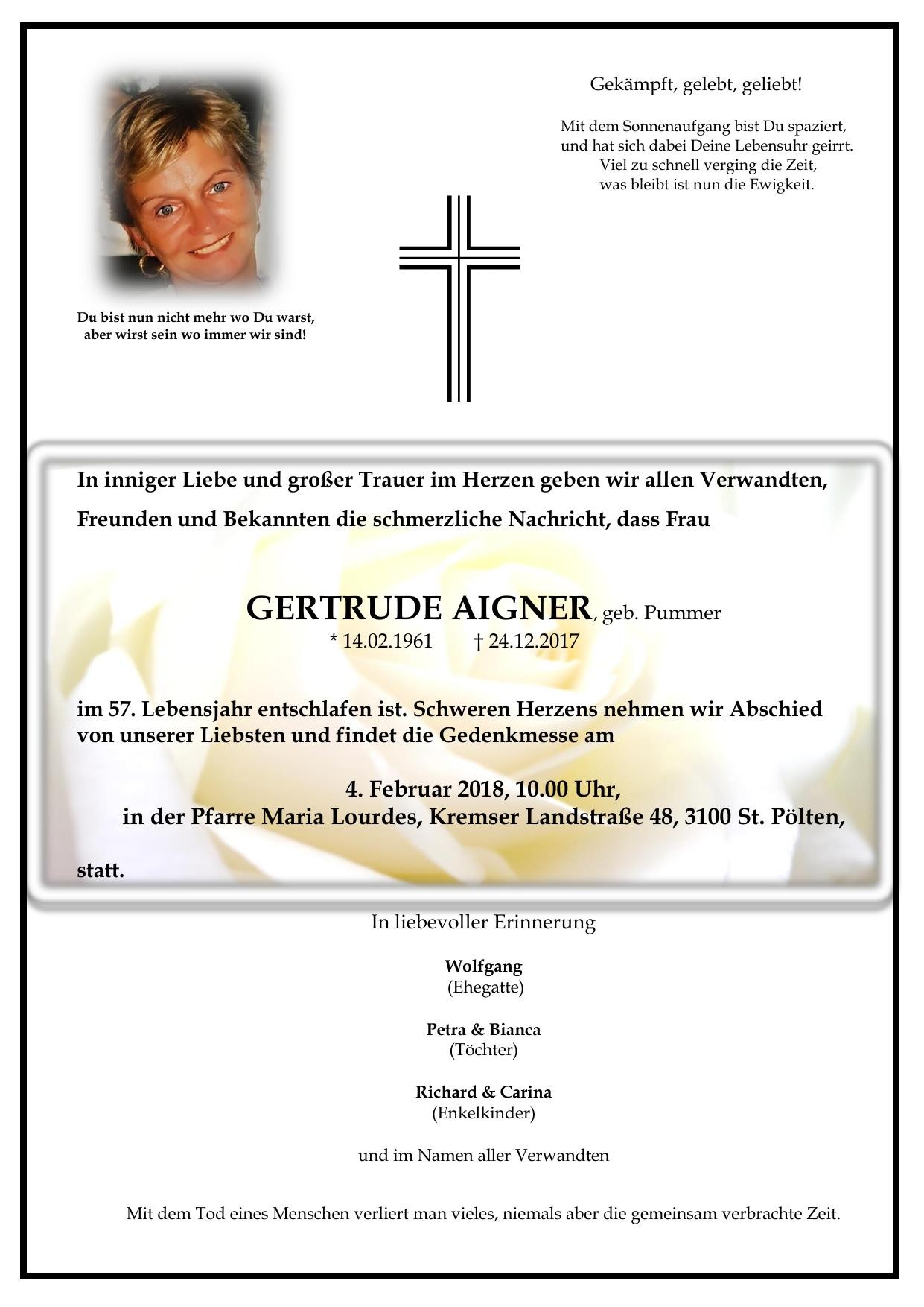 Traueranzeige von Gertrude Aigner