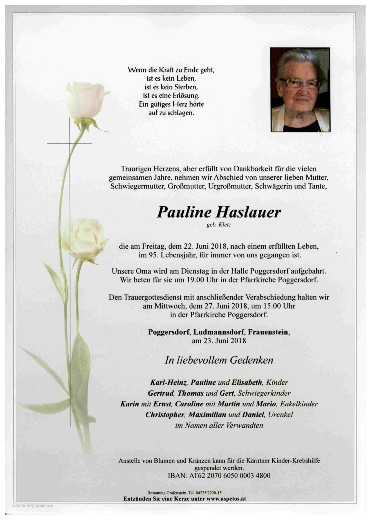 Traueranzeige von Pauline Haslauer