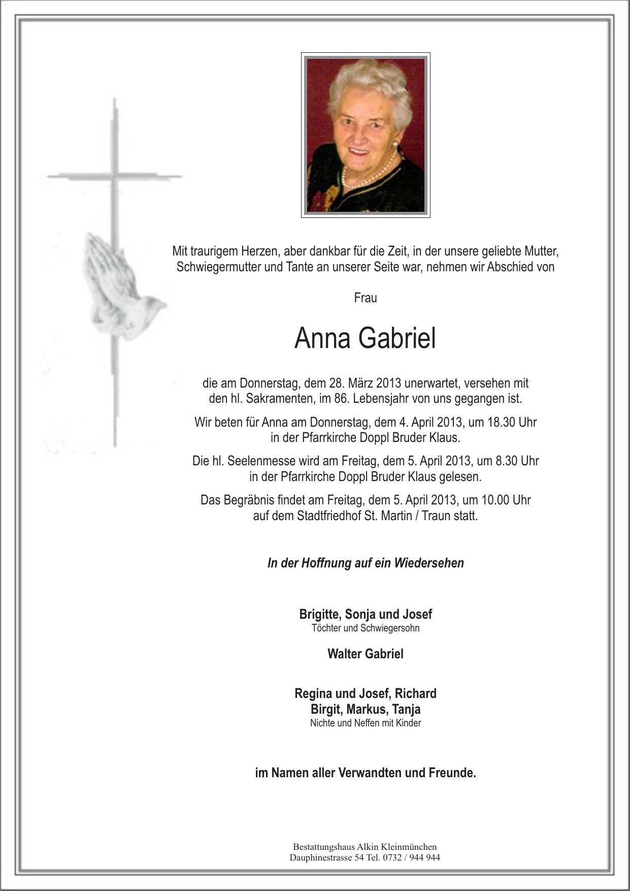 Traueranzeige von Anna Gabriel