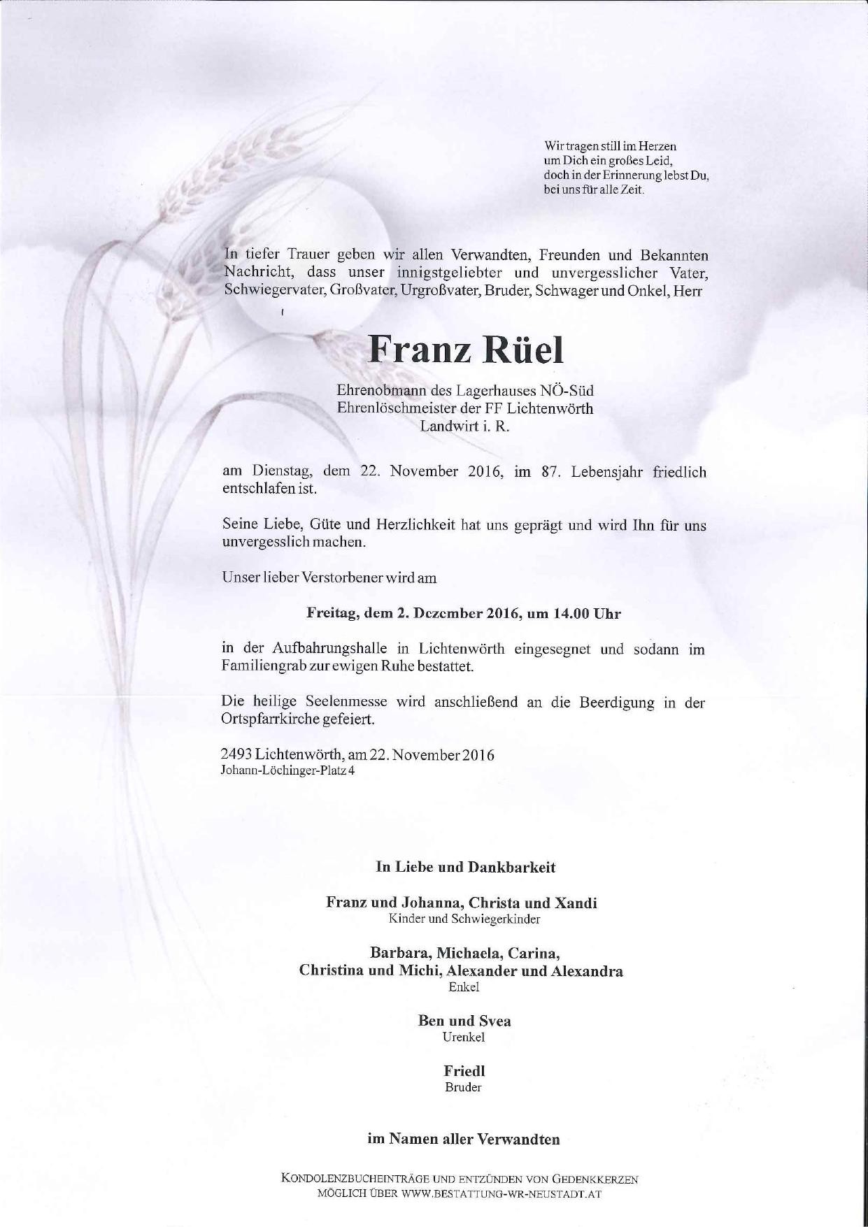 Traueranzeige von Franz Rüel