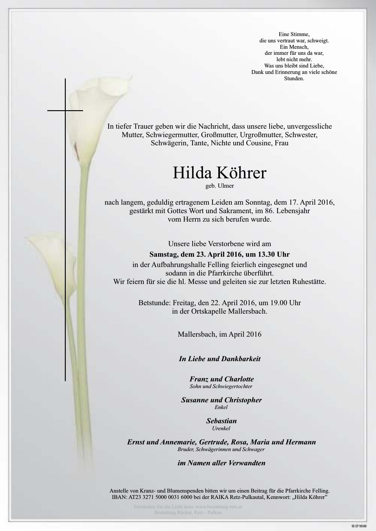 Traueranzeige von Hilda Köhrer