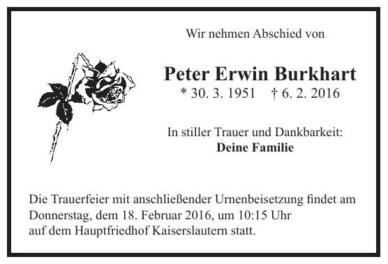 Traueranzeige von Peter Erwin Burkhart