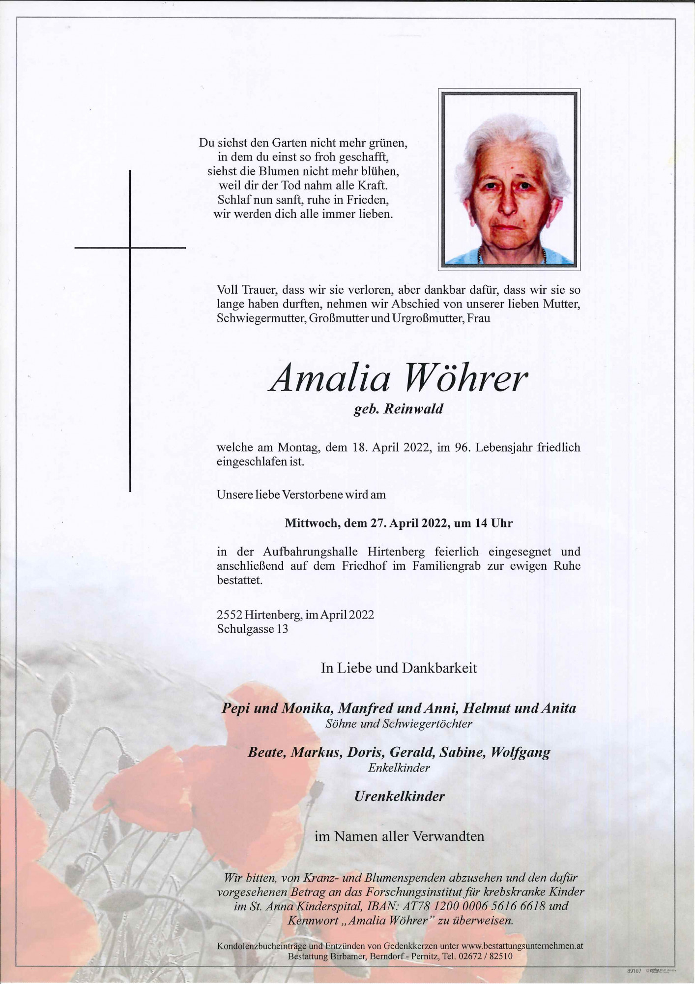 Traueranzeige von Amalia Wöhrer