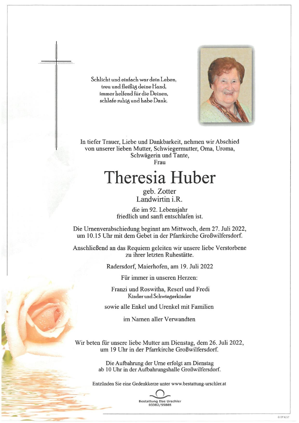 Traueranzeige von Theresia Huber
