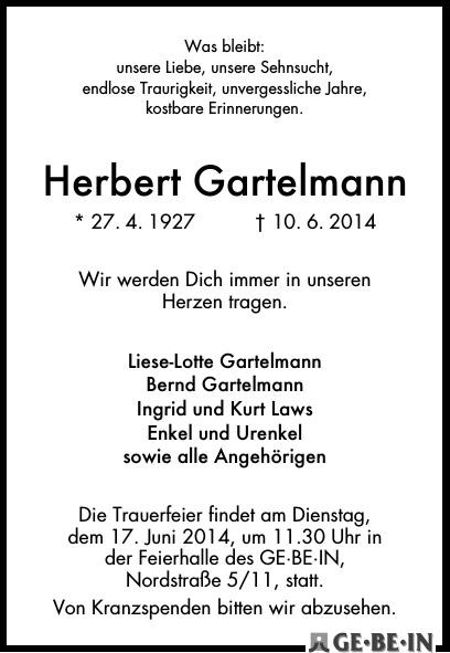 Traueranzeige von Herbert Gartelmann