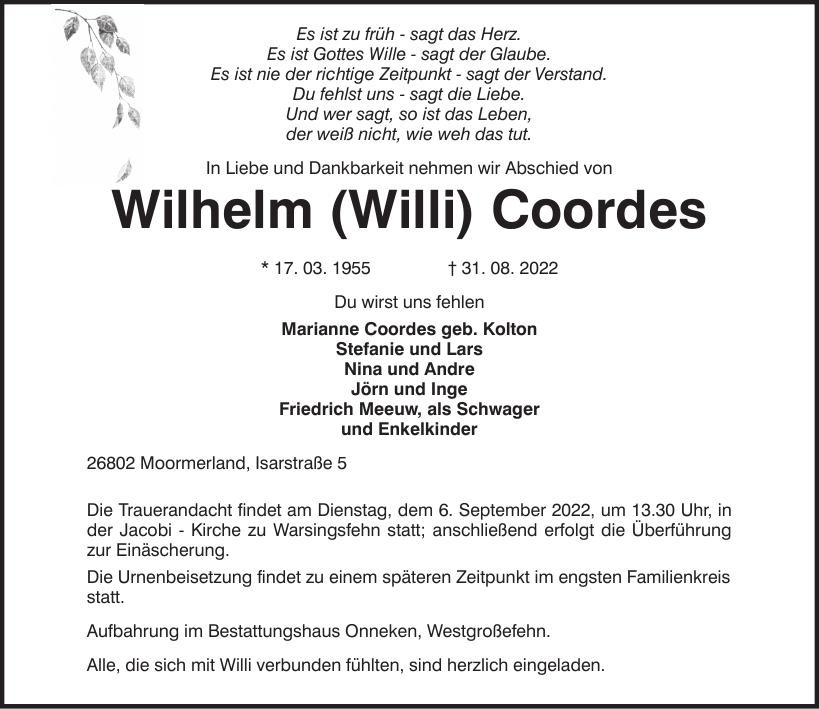 Traueranzeige von Wilhelm Coordes
