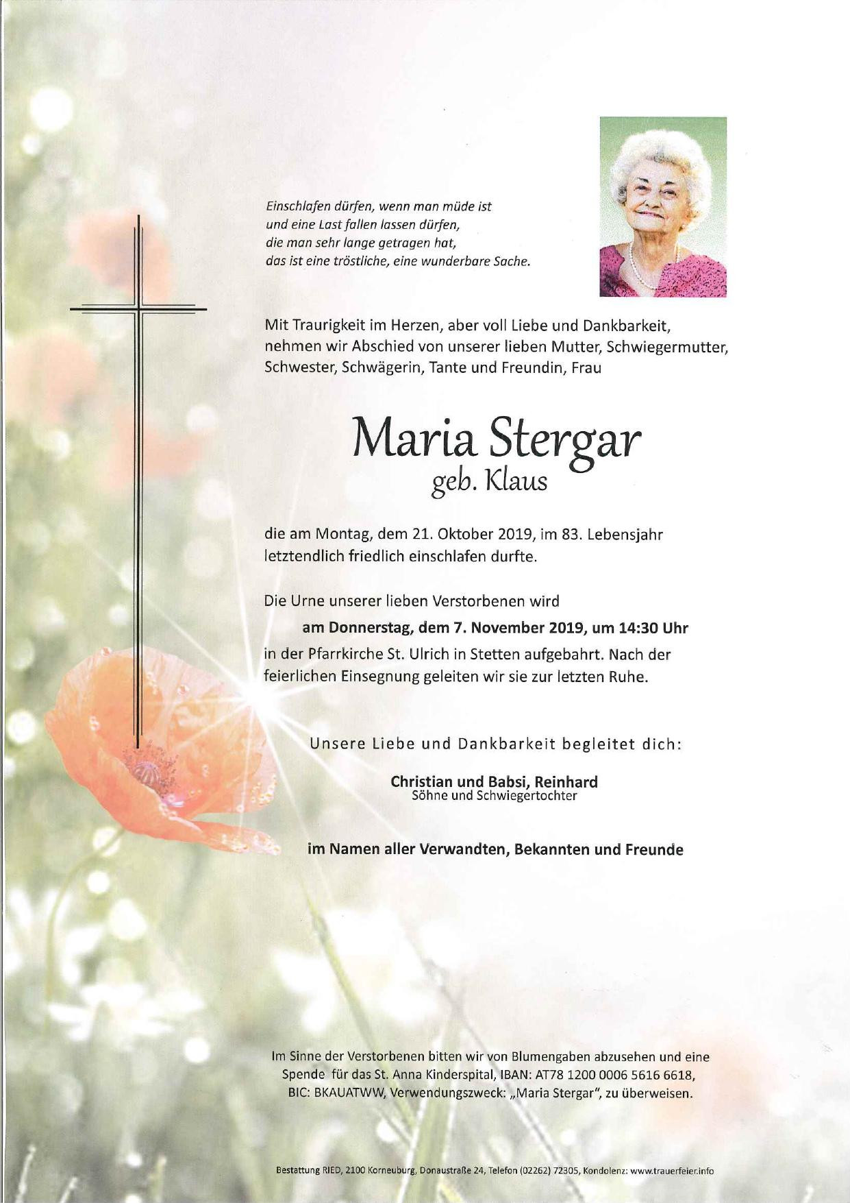 Traueranzeige von Maria Stergar