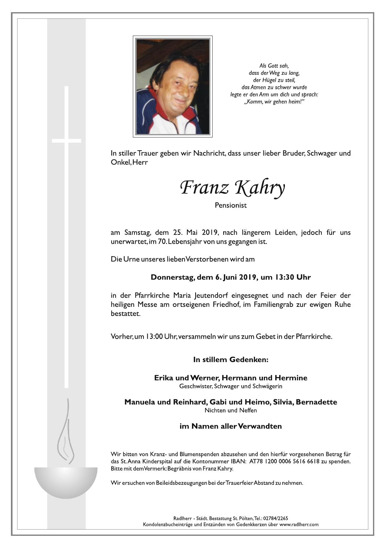 Traueranzeige von Franz Kahry