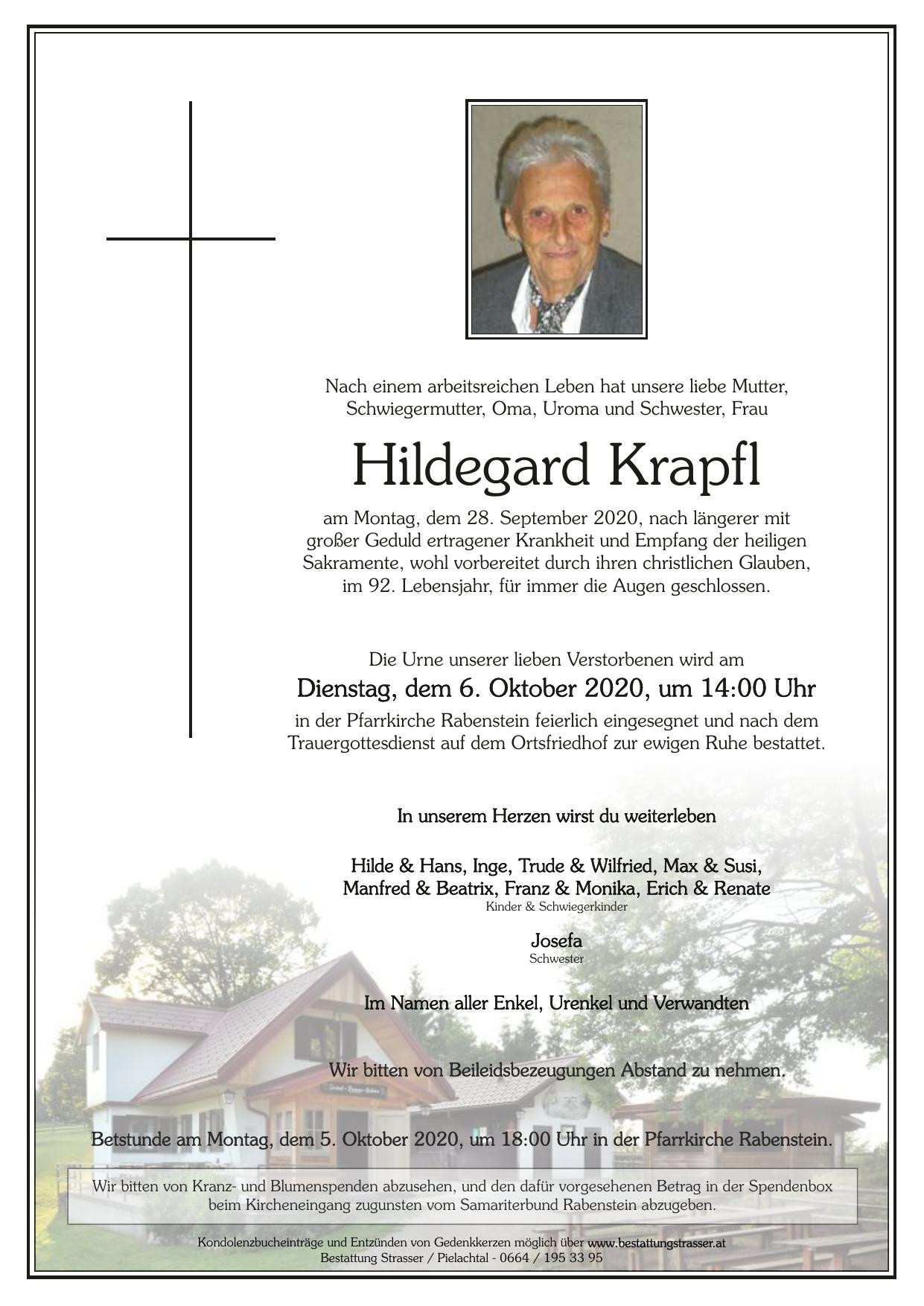 Traueranzeige von Hildegard Krapfl