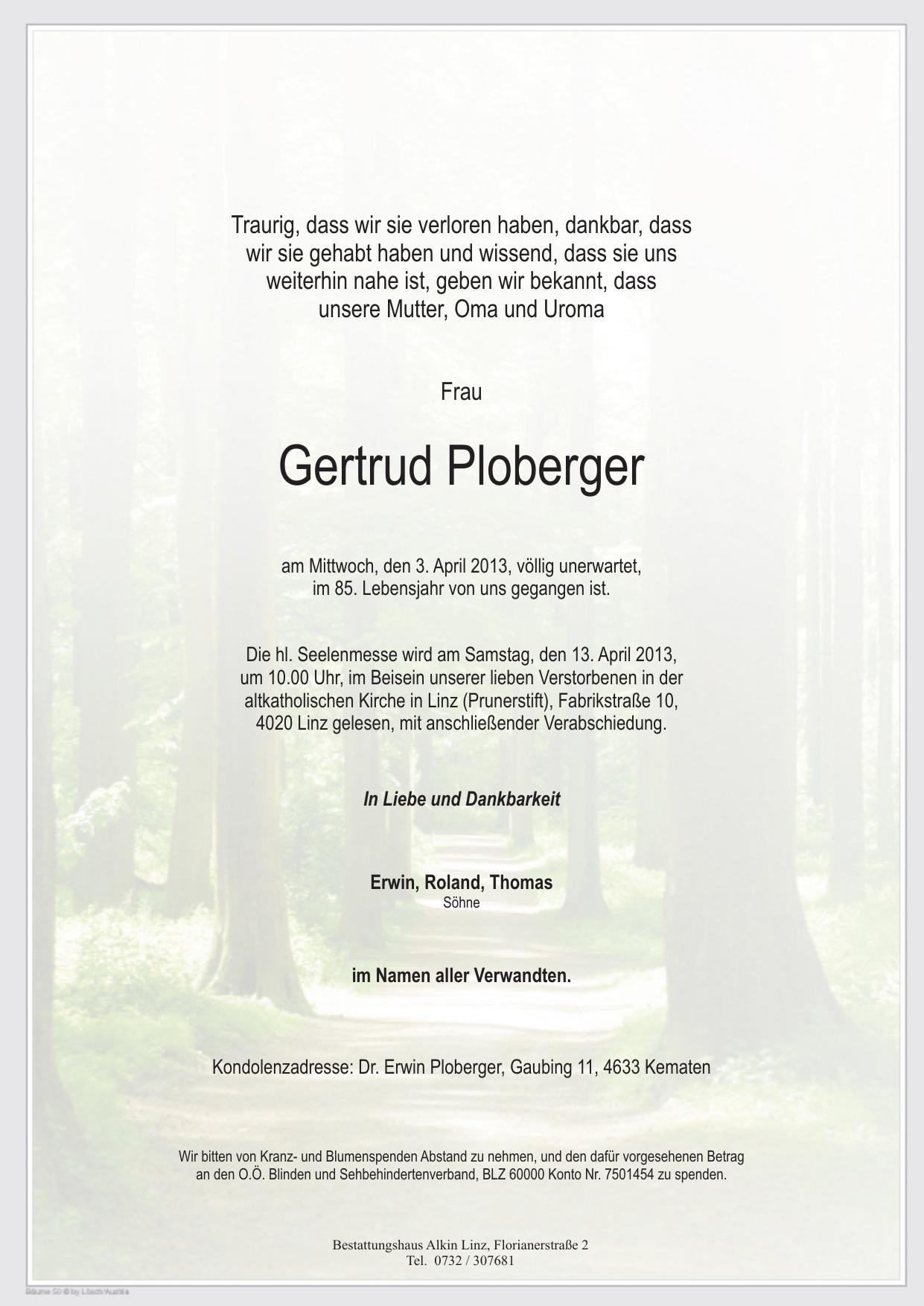 Traueranzeige von Gertrud Ploberger