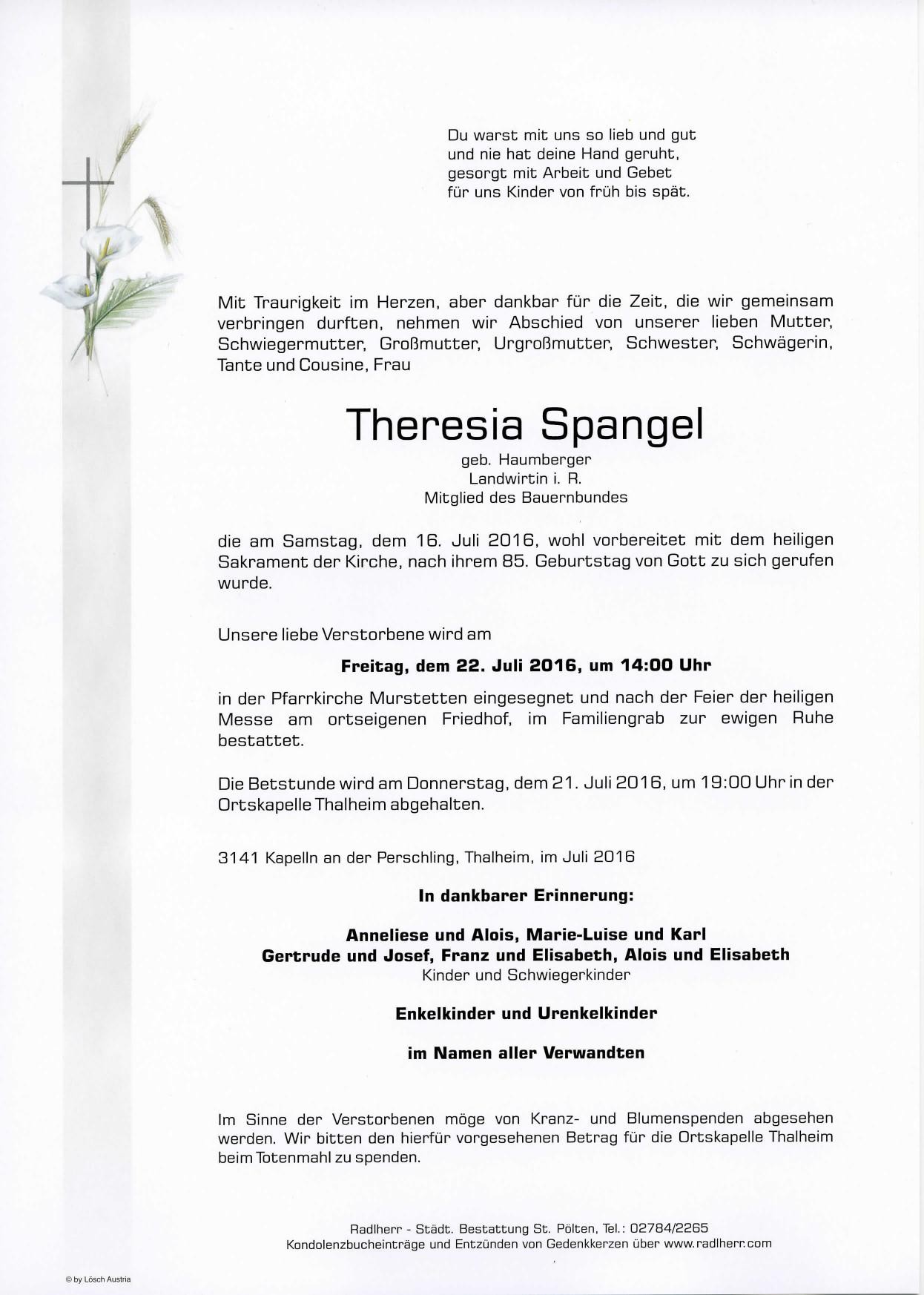 Traueranzeige von Theresia Spangel