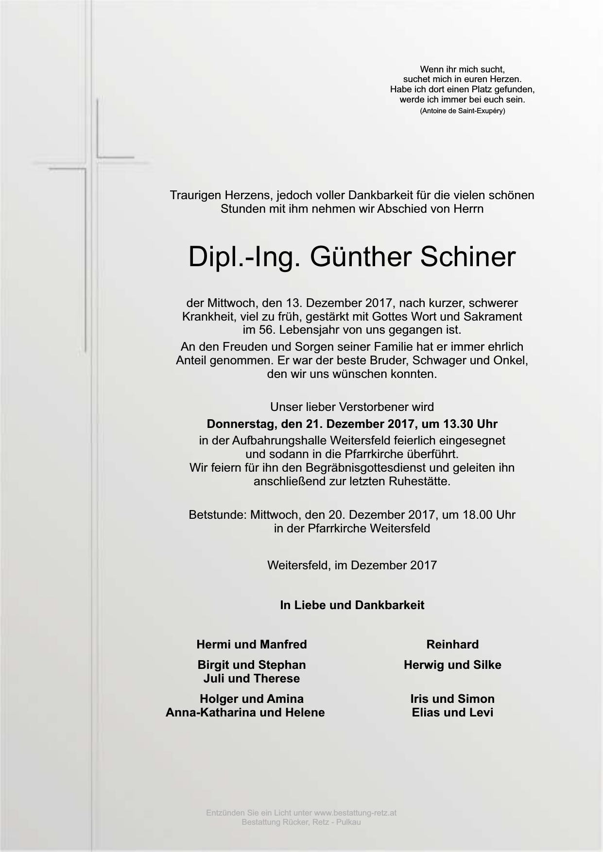 Traueranzeige von Dipl.-Ing. Günther Schiner