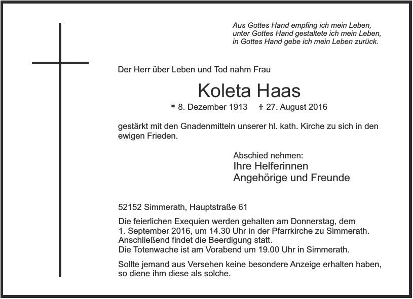 Traueranzeige von Koleta Haas